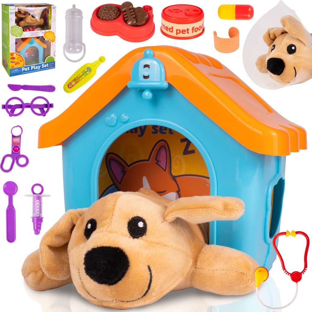 Malplay Plüsch Maskottchen Hund mit Zwinger Set Kleiner Tierarzt Zubehör ab 3 Jahren Geschenk