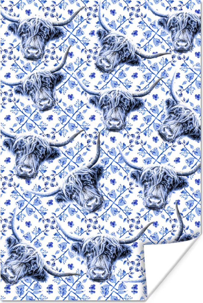 MuchoWow Poster Schottischer Highlander - Tiere - Delfter Blau 40x60 cm - Plakate für die Wand - Poster Babyzimmer