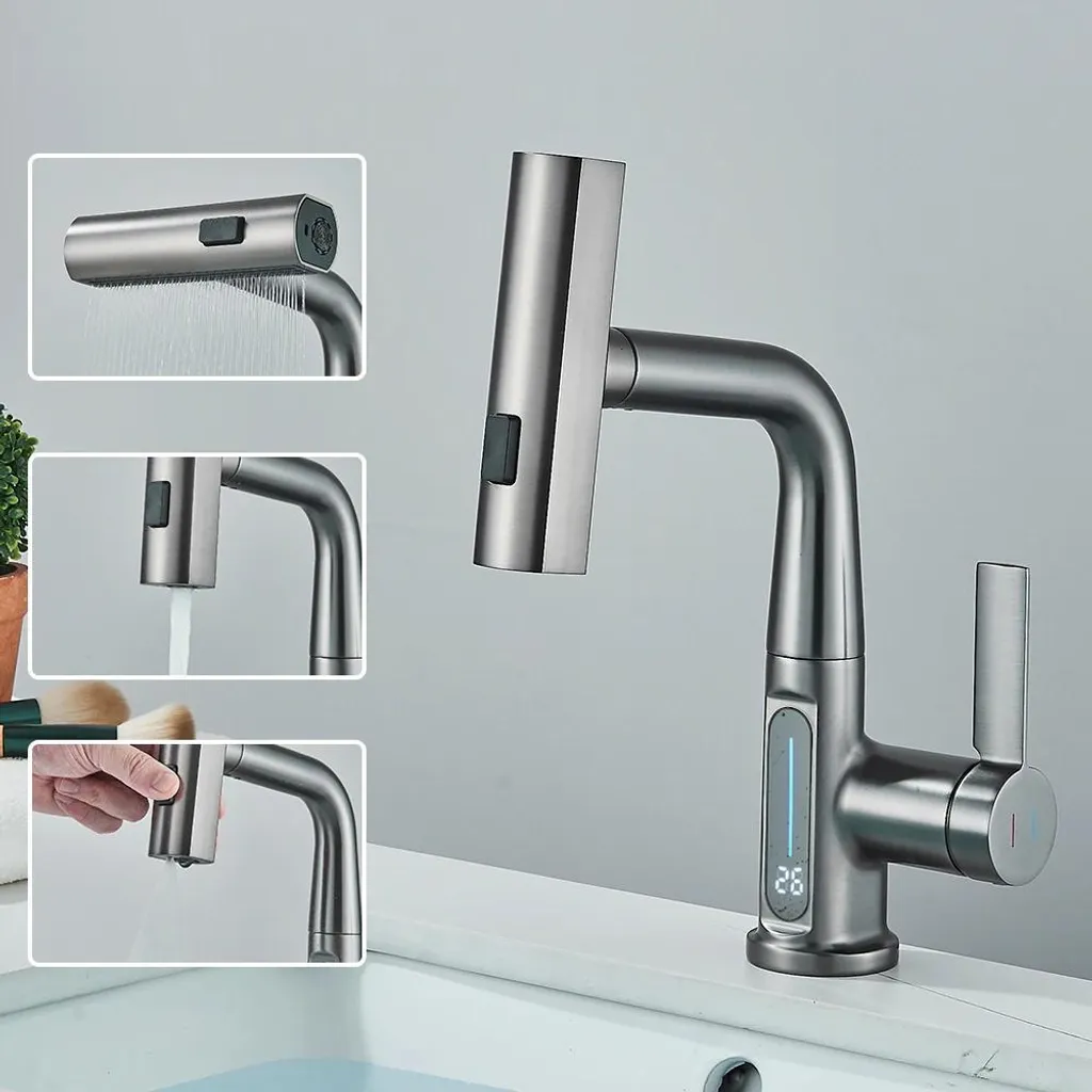 Robinet vasque gris foncé brossé : bec cascade avec affichage température