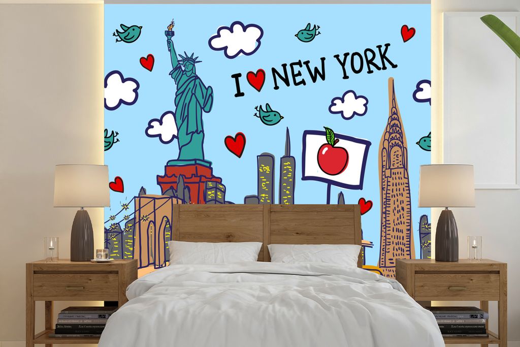 MuchoWow Fototapete für Wohnzimmer oder Schlafzimmer Wandtapete Vinyl Motivtapete New York - Zeichnung - Brücke - 280x280 cm - Hintergrundbild
