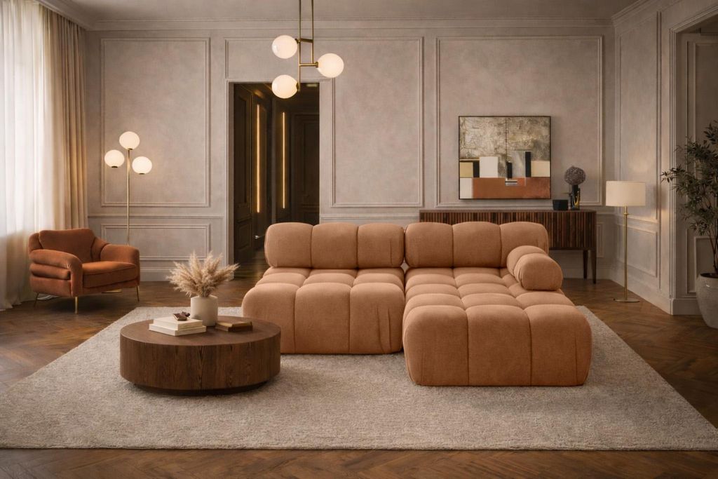 Kaiser Möbel Ecksofa L-Form Mini II modular, Veloursstoff Salvador, Dunkelbeige, Rechts, Selia