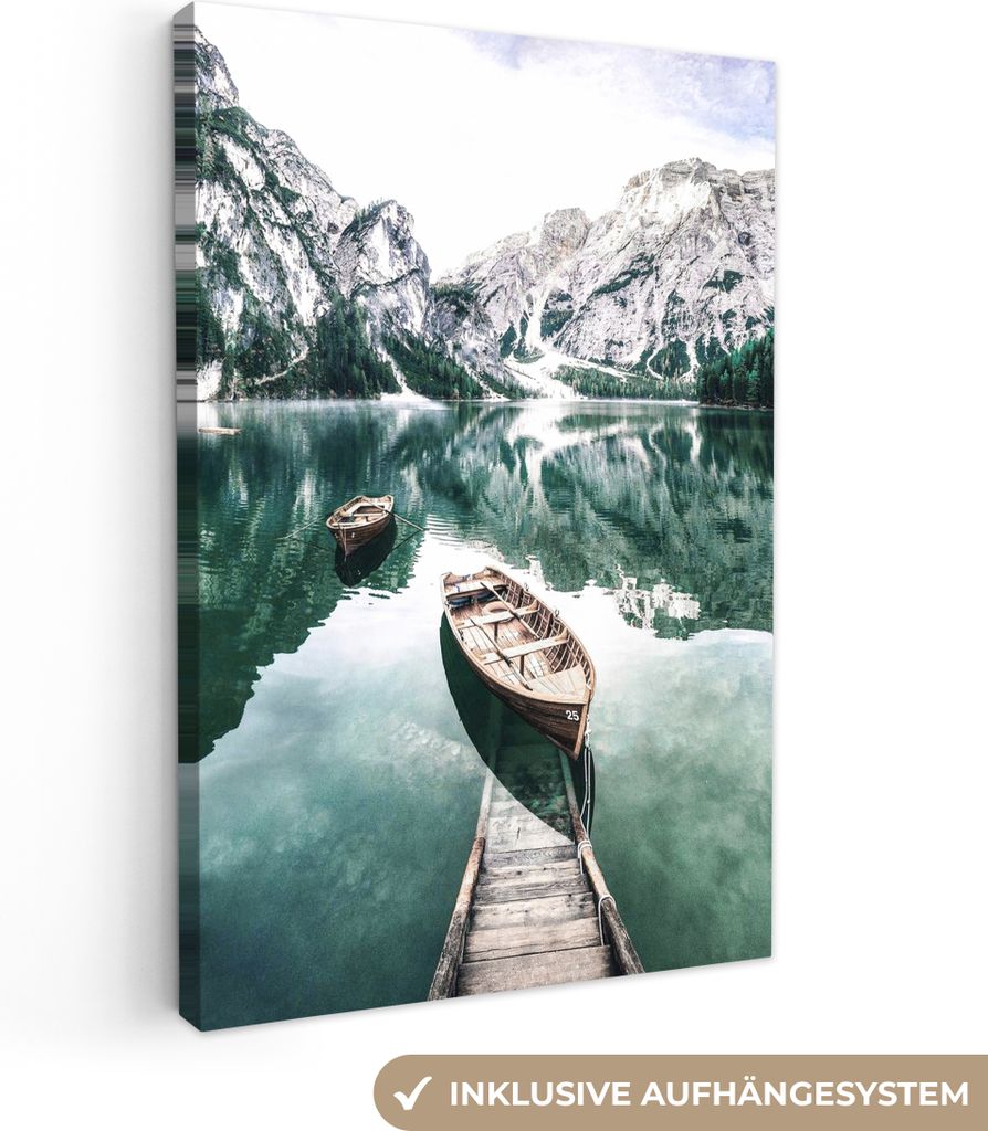 MuchoWow - Leinwandbilder - Berge - Schnee - Winter - Boote - See - Natur, Wandbild, Wanddeko Bilder Wohnzimmer, 20x30 cm
