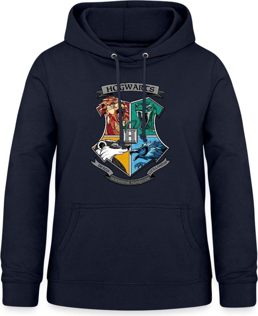 Spreadshirt Harry Potter Hogwarts Logo Tiere Der Häuser Damen Hoodie, S, Navy