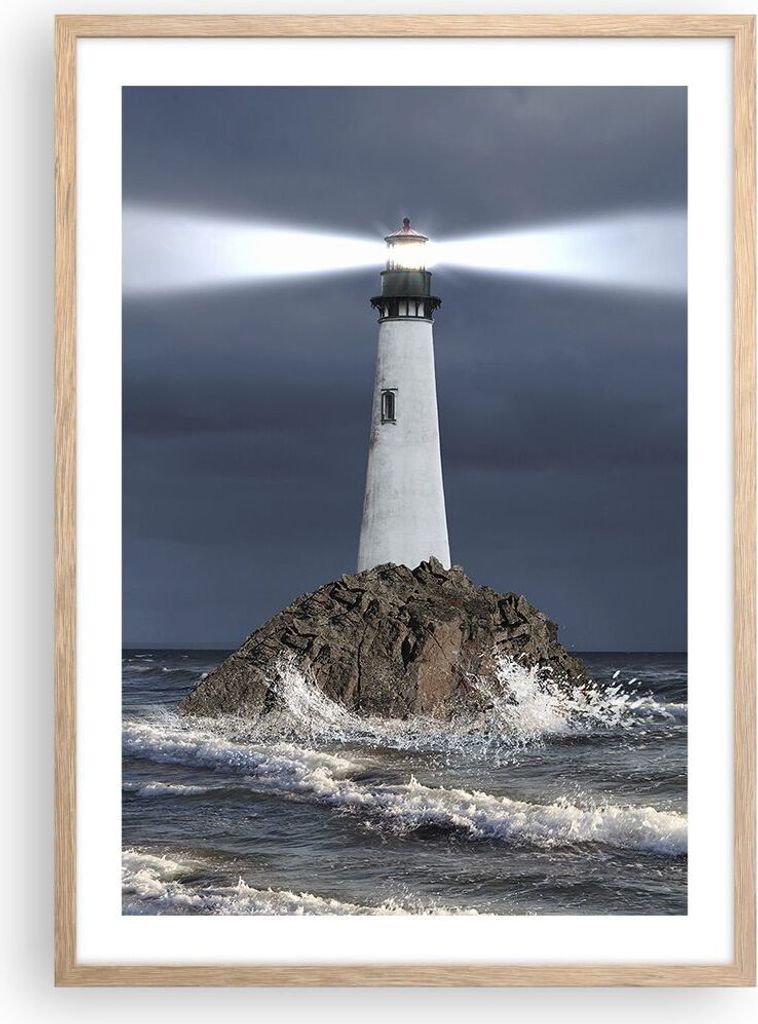 Gerahmtes Poster - Rahmen in heller Eiche - Leuchtturm Meer - 50x70 cm - Wand Bild - Wanddeko - Wandbilder - Kunstposter - Wandposter - Bilderrahme...