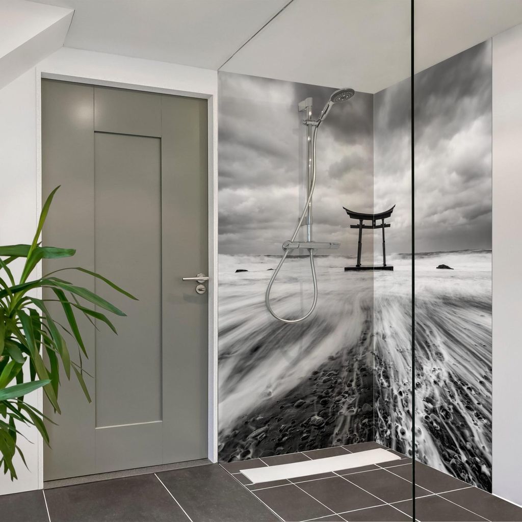 Duschrückwand Stadt selbstklebend - 0.61 mm Wandpaneel wasserfest Asien schwarz weiss Motiv Badrückwand fugenlos Premium matt 80x210 cm