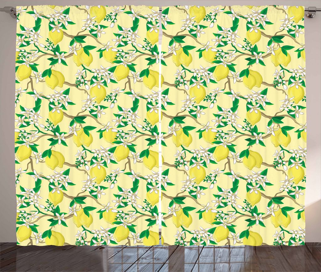 ABAKUHAUS Zitronen Rustikaler Gardine, Blühende Zitronenblüten, Schlafzimmer Kräuselband Vorhang mit Schlaufen und Haken, 280 x 225 cm, Hellgelb...
