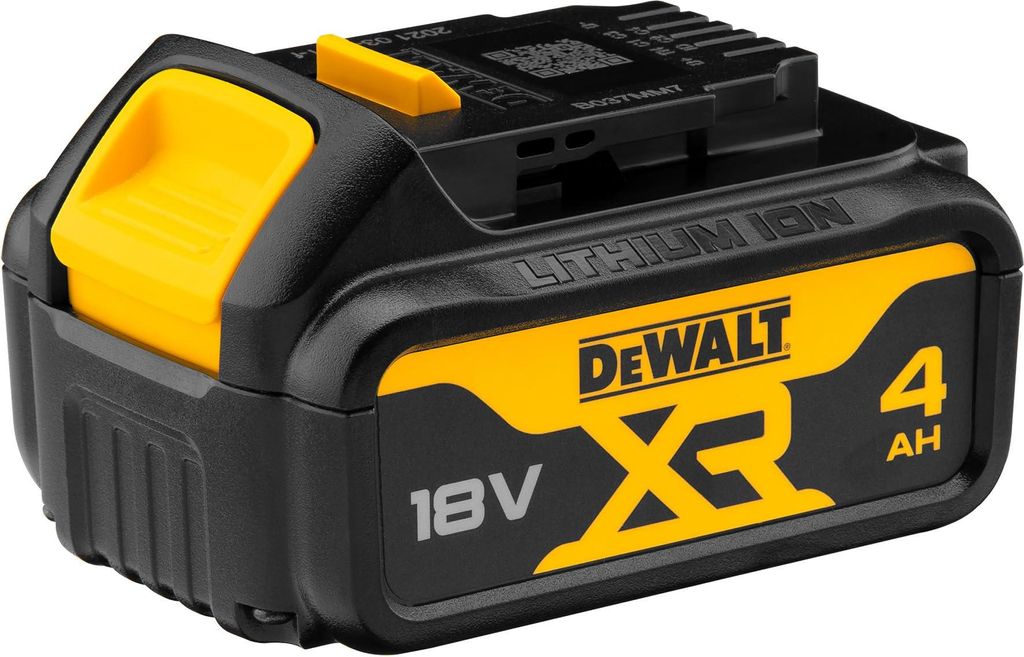 A close-up studio shot of a black and yellow DeWalt 18V XR 4Ah lithium-ion battery pack.