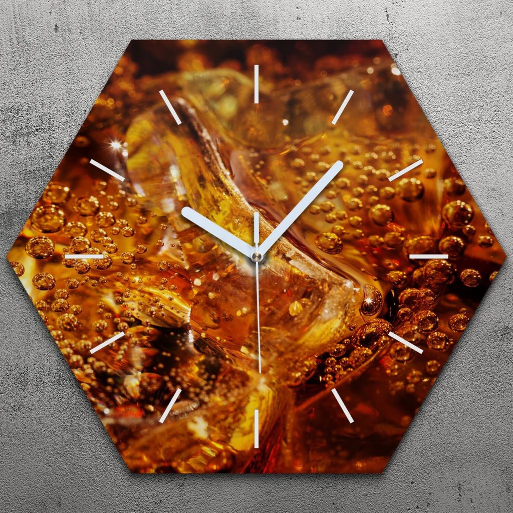 Uhr hexagonal 40 cm Glas Geräuschlos weiße Zeiger - Cola auf Eis