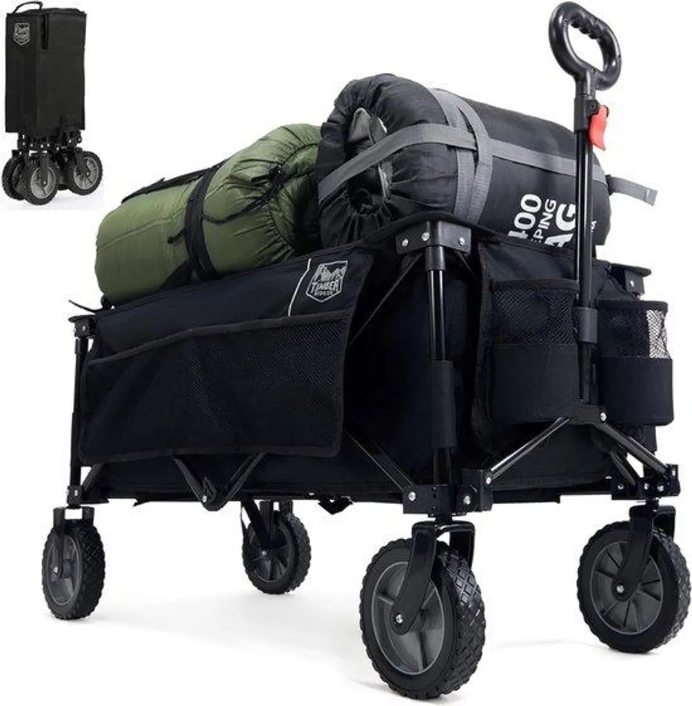 Chariot de plage pliable XXL tout-terrain avec roues larges et porte-verre