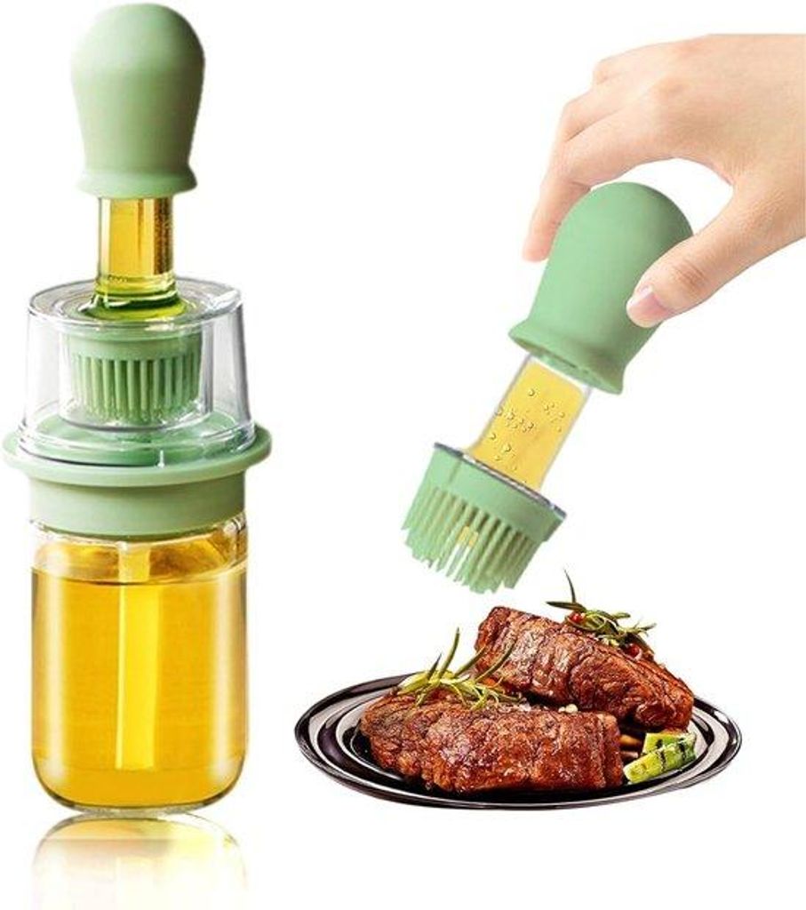 Silikon glazen oliedispenser 180ml 2-in-1 mit grüner Borste für Grillen, Braten, Backen und Pfannkuchen.