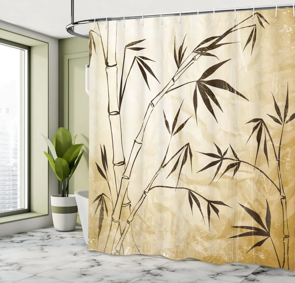ABAKUHAUS Tenda da doccia in bambù, sfumatura di colore Bambù Flessibilità Struttura radicolare complessa Immagine stabile Viaggiatori Tessuto Set decorativo per bagno con ganci, 175x220 cm, marrone crema - 3