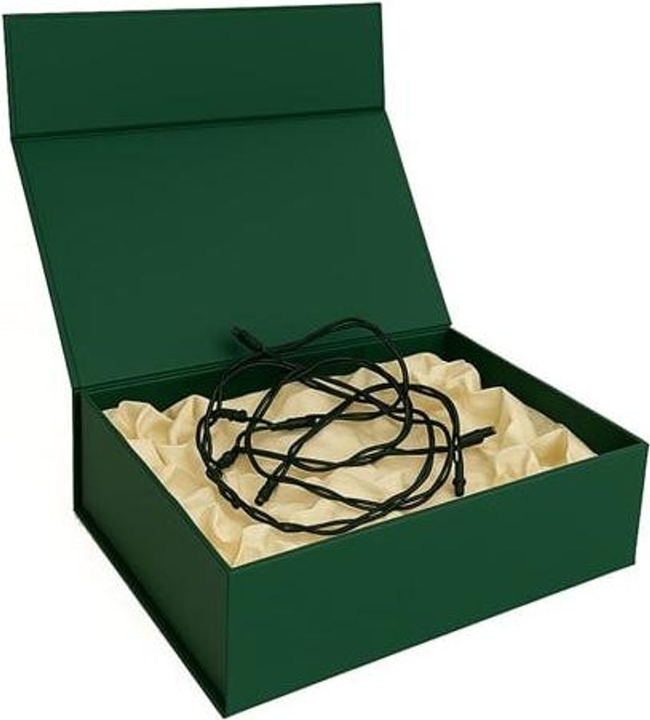 An open green gift box with a cream-colored lining, containing a tangled black string of lights.