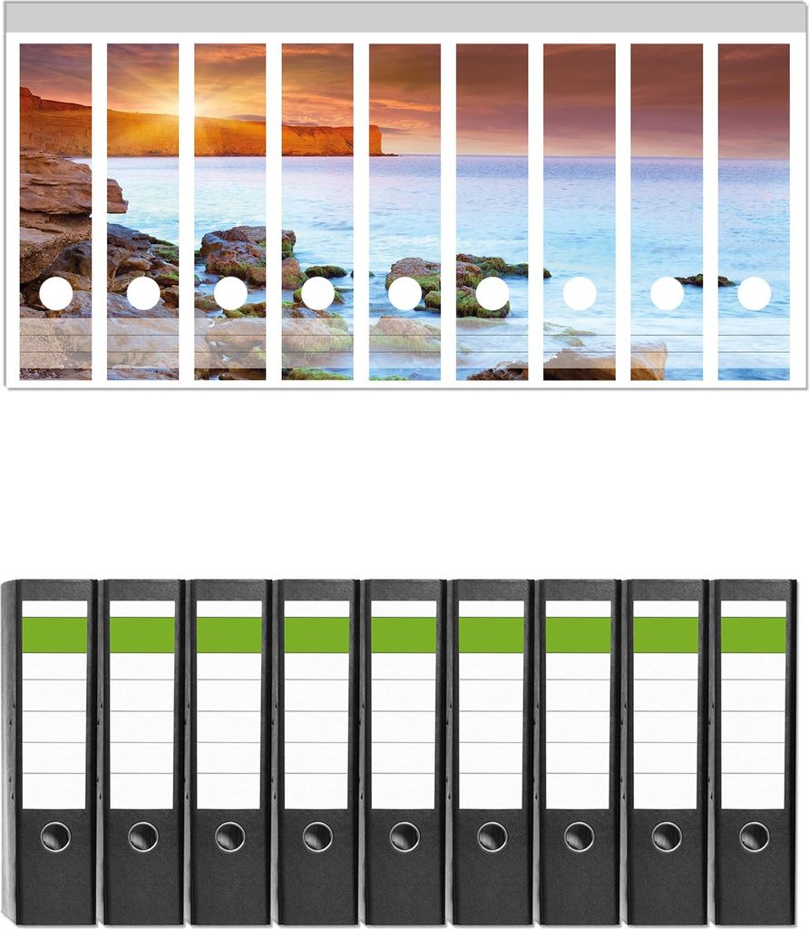 Wallario 9 Stück breite Ordner inkl. Klebeetiketten mit Motive Sonnenaufgang am Meer mit Landzunge und Felsen im Wasser - Set mit Rückenschilder...
