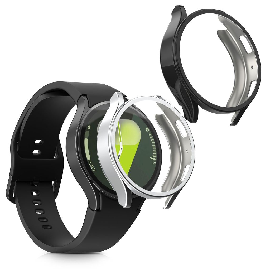 kwmobile 2x Silikon Hülle für Samsung Galaxy Watch 7 44mm Schutzhülle - Fullbody Display Cover Set aus Silikon - Schwarz Silber