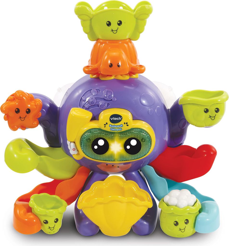 A colorful Vtech bath toy octopus with various attachments and cups.