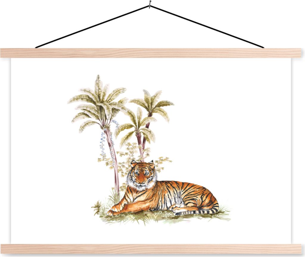 MuchoWow Textilposter Tiger - Baum - Gemälde 120x80 cm mit holzfarbenen Rahmen - Aufhängeset