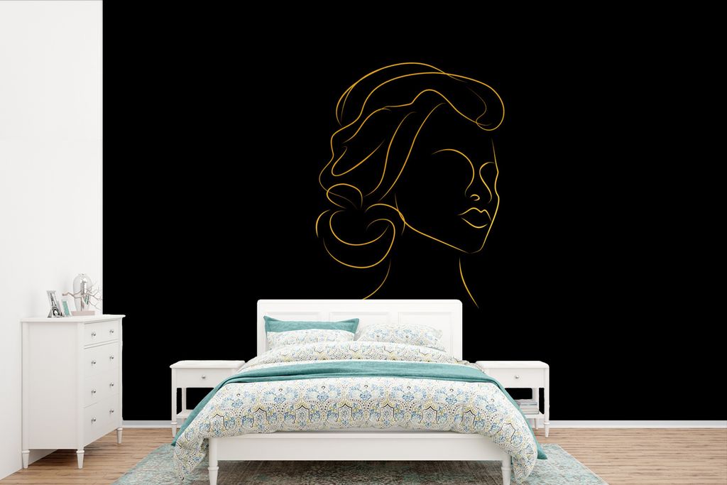 MuchoWow Fototapete für Wohnzimmer oder Schlafzimmer Wandtapete Vinyl Motivtapete Frau - Schwarz - Gold - Strichzeichnung - 450x300 cm - Gemusterte