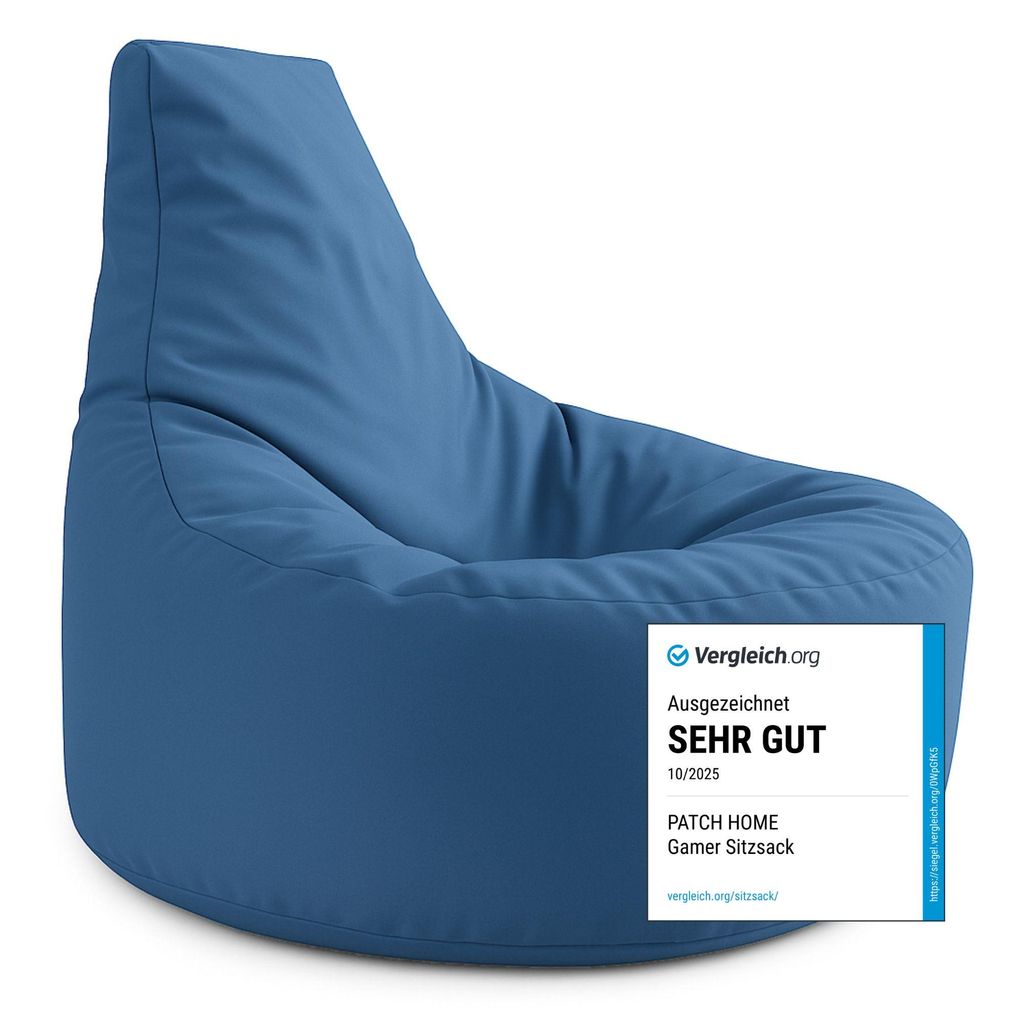 A blue beanbag chair with a white and blue overlay in the bottom right corner.