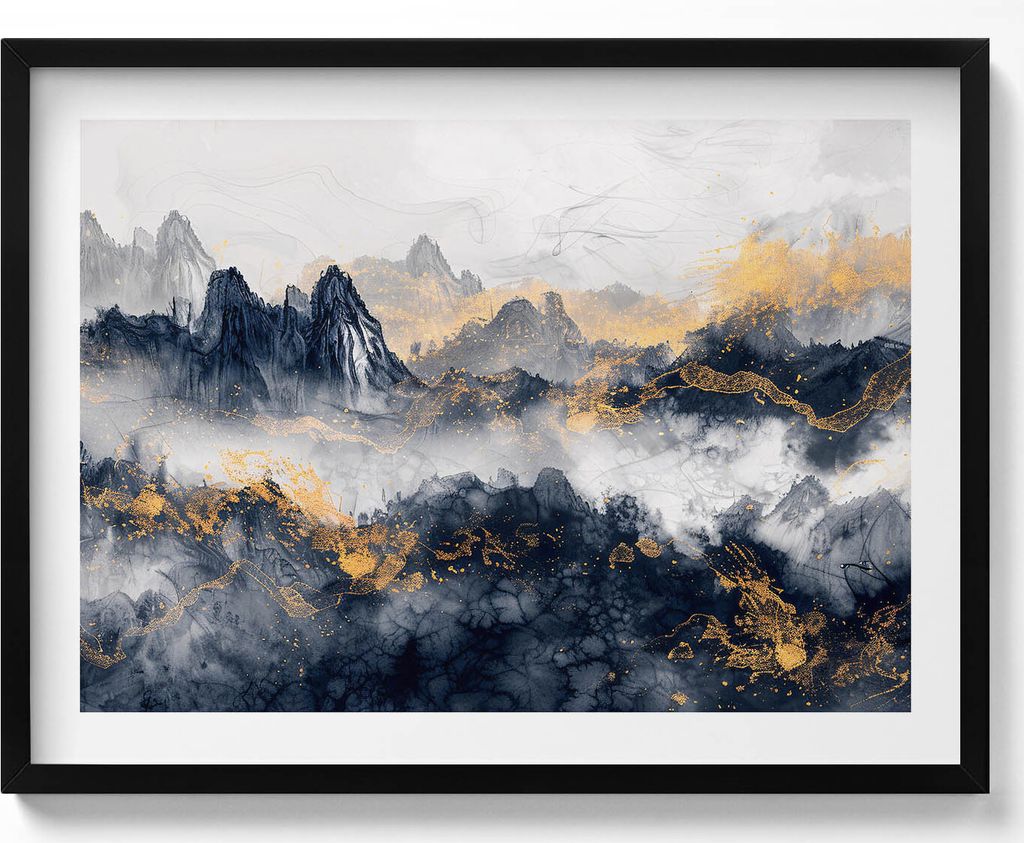 Abstrakte Landschaft mit Bergen zwischen Wolken– Wandbild mit Rahmen – Gerahmtes Bild – Wanddekoration – 80x60 cm – Schwarz Rahmen