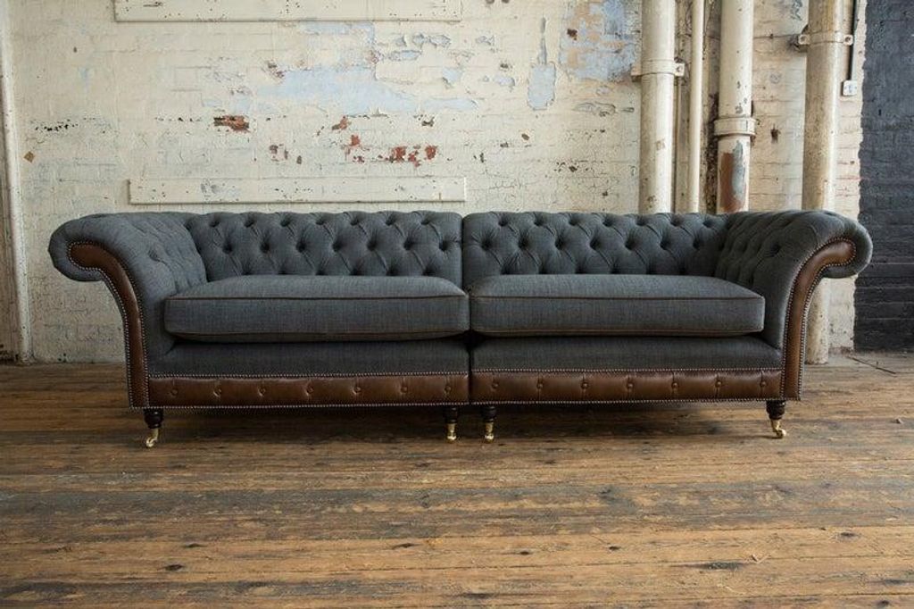 XXL Sofa 3 Sitzer Couch Chesterfield Polster Sitz Garnitur Leder Textil Grau Neu