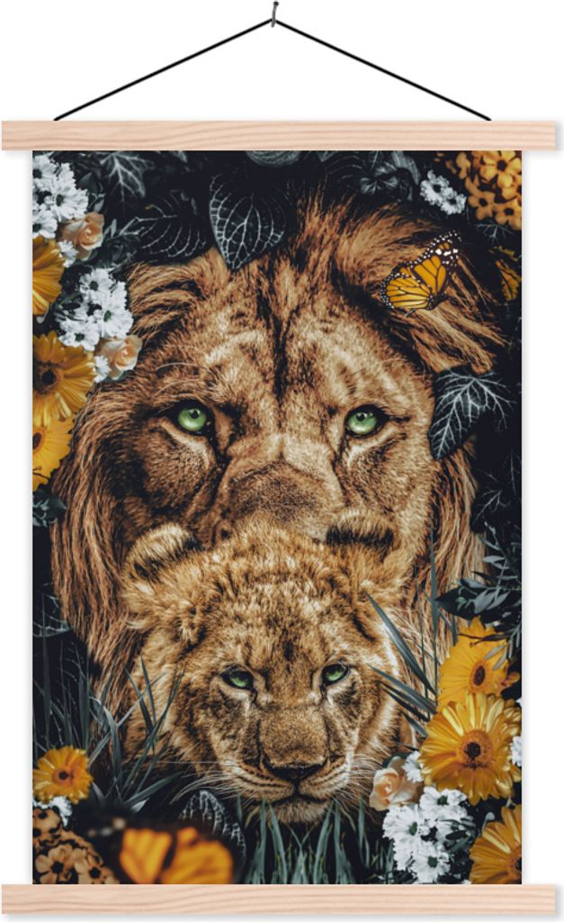 MuchoWow Textilposter Löwen - Blumen - Schmetterling 60x90 cm mit holzfarbenen Rahmen - Textil