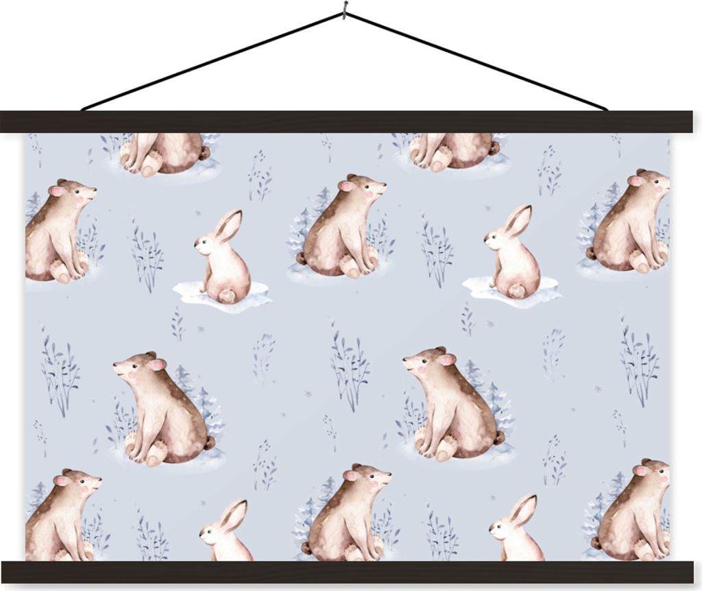 MuchoWow Textilposter Winter - Muster - Hase - Bär 150x100 cm mit schwarzem Rahmen - Schlafzimmer