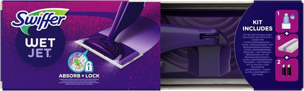 The image shows the packaging of a Swiffer Wet Jet starter set, with a depiction of the product in use.