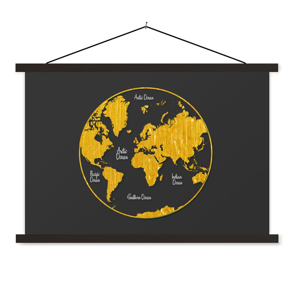 MuchoWow Textilposter Weltkarte - Kreis - Gold 120x80 cm mit schwarzem Rahmen - Wanddeko
