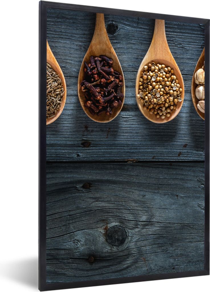 MuchoWow Gerahmtes Poster Gewürze - Löffel - Holz - Küche - Gewürze - Industrie 20x30 cm - Poster mit Schwarzem Bilderrahmen Wandposter Rahme...