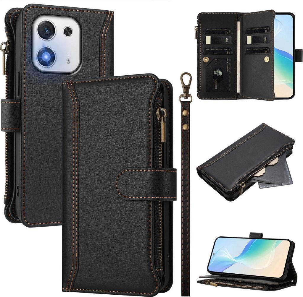 Handyhülle für Honor X70i Reißverschluss Geldbörse Kunstleder Klapphülle mit Kartensteckplatz, Ständer, Handschlaufe Schwarz