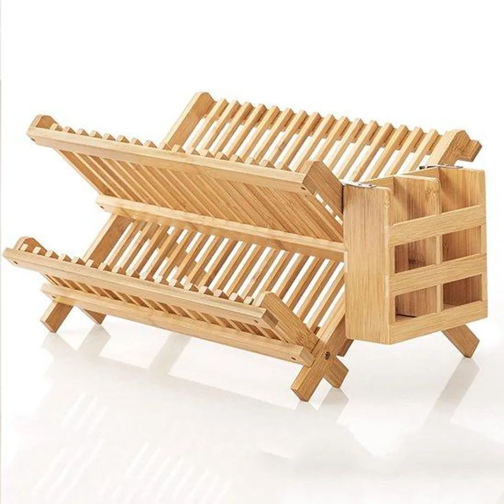 Égouttoir pliable double niveau avec égouttoir à couverts en bambou mat