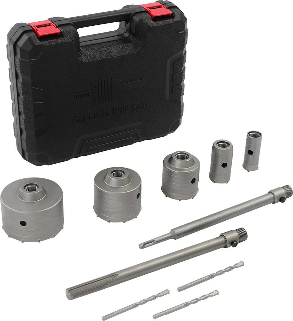 Kernbohrerset für Beton - Set 9-teilig - 5 Größen 30–100 mm - 2 Führungsbohrer - SDS Plus/Max - Silber