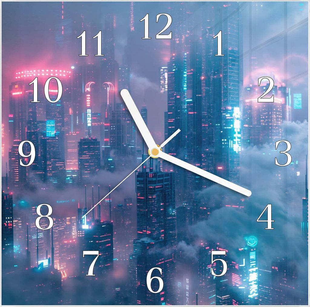 Wanduhr aus Glas mit Motiv Futuristische Stadt- 30 x 30 cm - inkl. Aufhängesystem