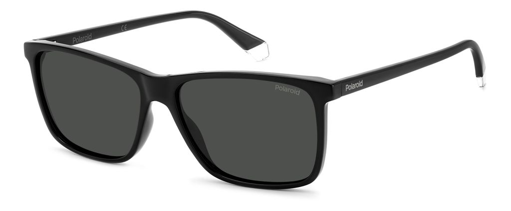A pair of black Polaroid sunglasses shown from a three-quarter angle against a white background.