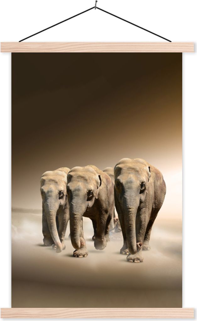 MuchoWow Textilposter Elefanten - Tiere - Nebel 60x90 cm mit holzfarbenen Rahmen - Textil