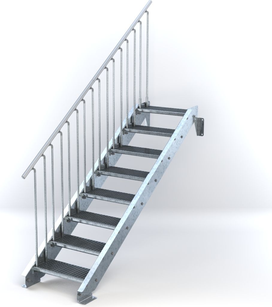 Stahltreppe 8 Stufen bis Höhe 160 cm, Laufbreite : 60 cm Geländer links ST 2 (31 / 31 mm gezackt)
