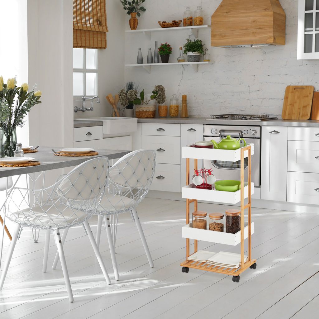 Relaxdays Servierwagen, Bambus & MDF, Kchenwagen mit 4
