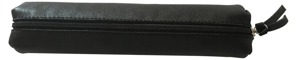 Petite trousse scolaire en cuir noir fine et plate pour sac de cours