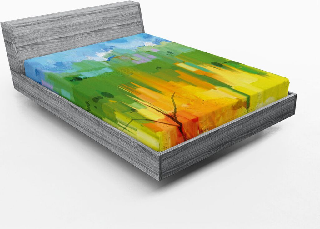 ABAKUHAUS Ölgemälde Spannbetttuch, Mischen Farben der Baumwald Acryl Stil Landschaft Wiese Ländliches Motiv, 150 x 190 cm, Mehrfarbig