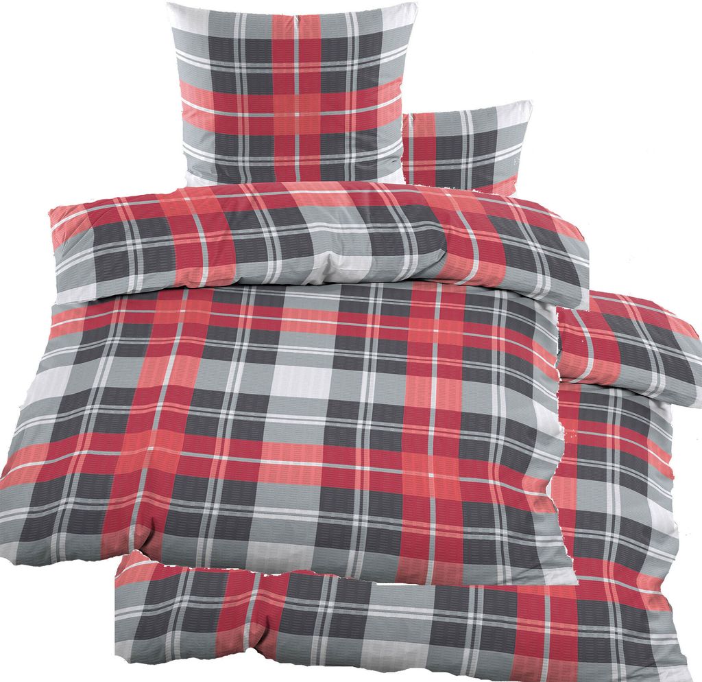 4-tlg. Seersucker Bettwäsche 2x (135x200 +80x80cm), rot grau kariert, bügelfrei