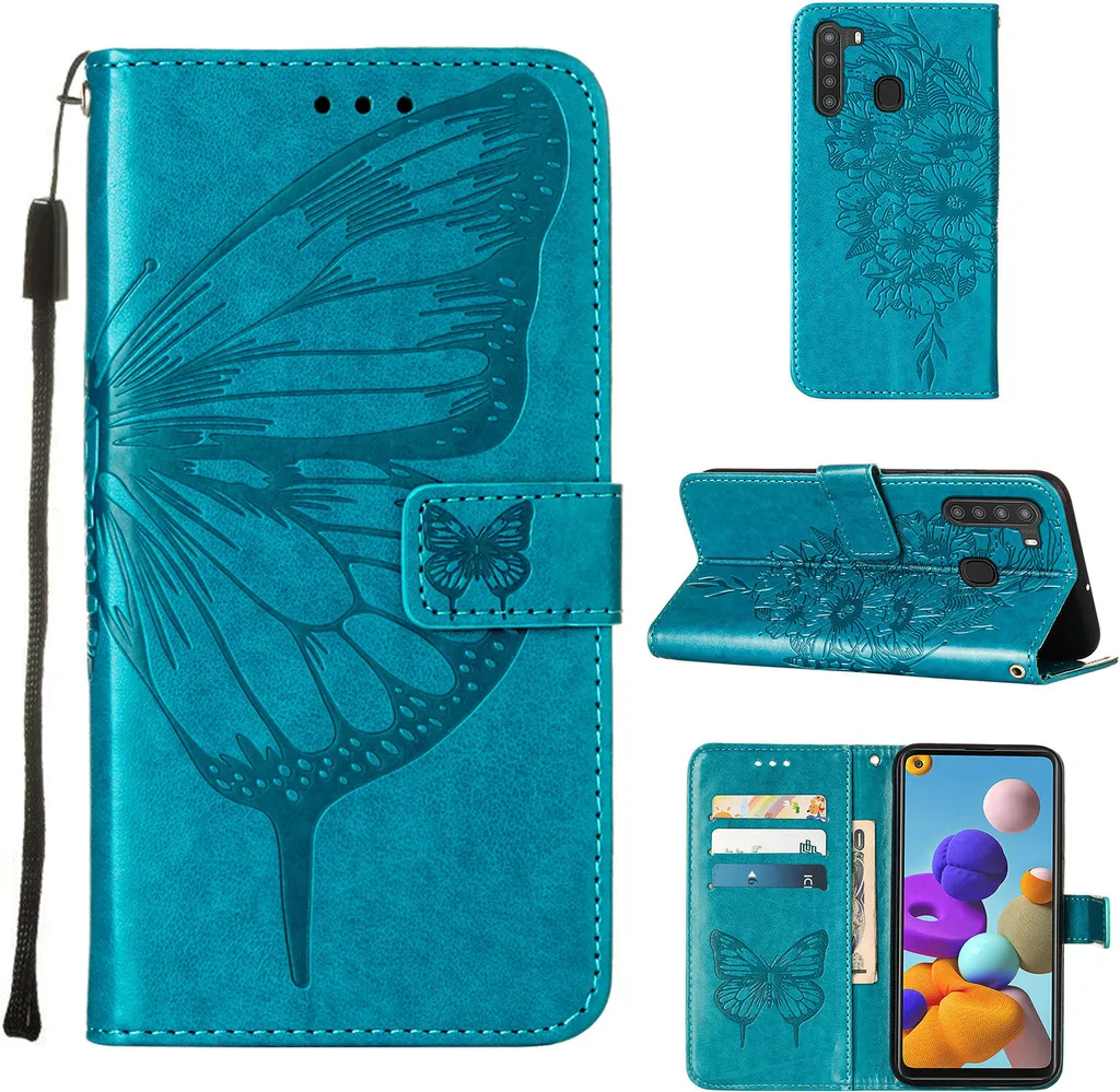Galaxy A21 Case, Butterfly Relief Flip Custodia in pelle con slot per schede e stand per Samsung Galaxy A21 blu