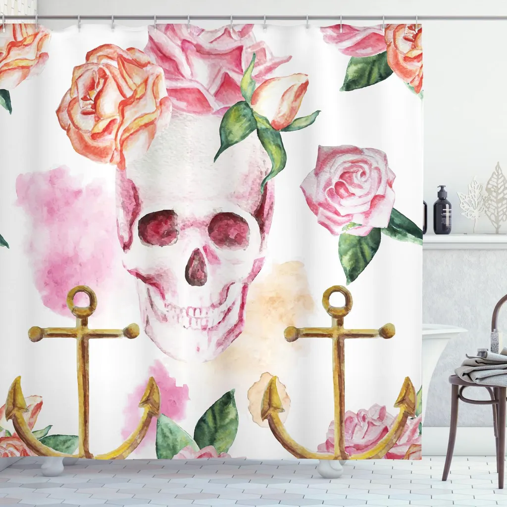 Tenda Bagno Gotico Vittoriano ABAKUHAUS - Stampa Teschi e Peonie