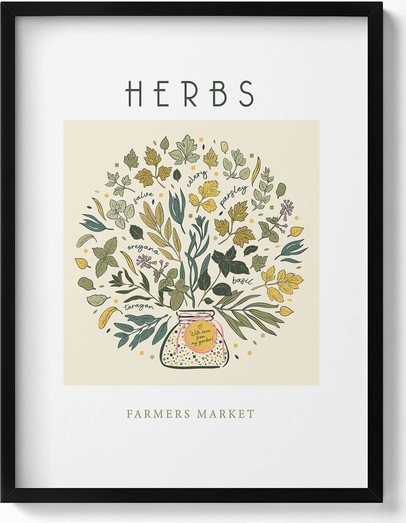 Illustration von Kräutern– Wandbild mit Rahmen – Gerahmtes Bild – Wanddekoration – 60x80 cm – Schwarz Rahmen