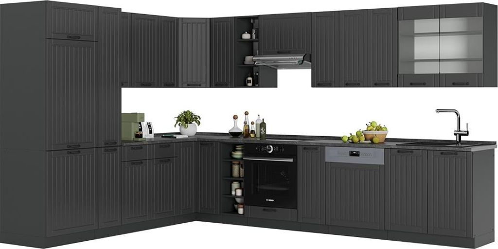 Vicco Eckküche Fame-Line, 347 x 60 cm , AP Marmor, Dunkelgrau/Anthrazit