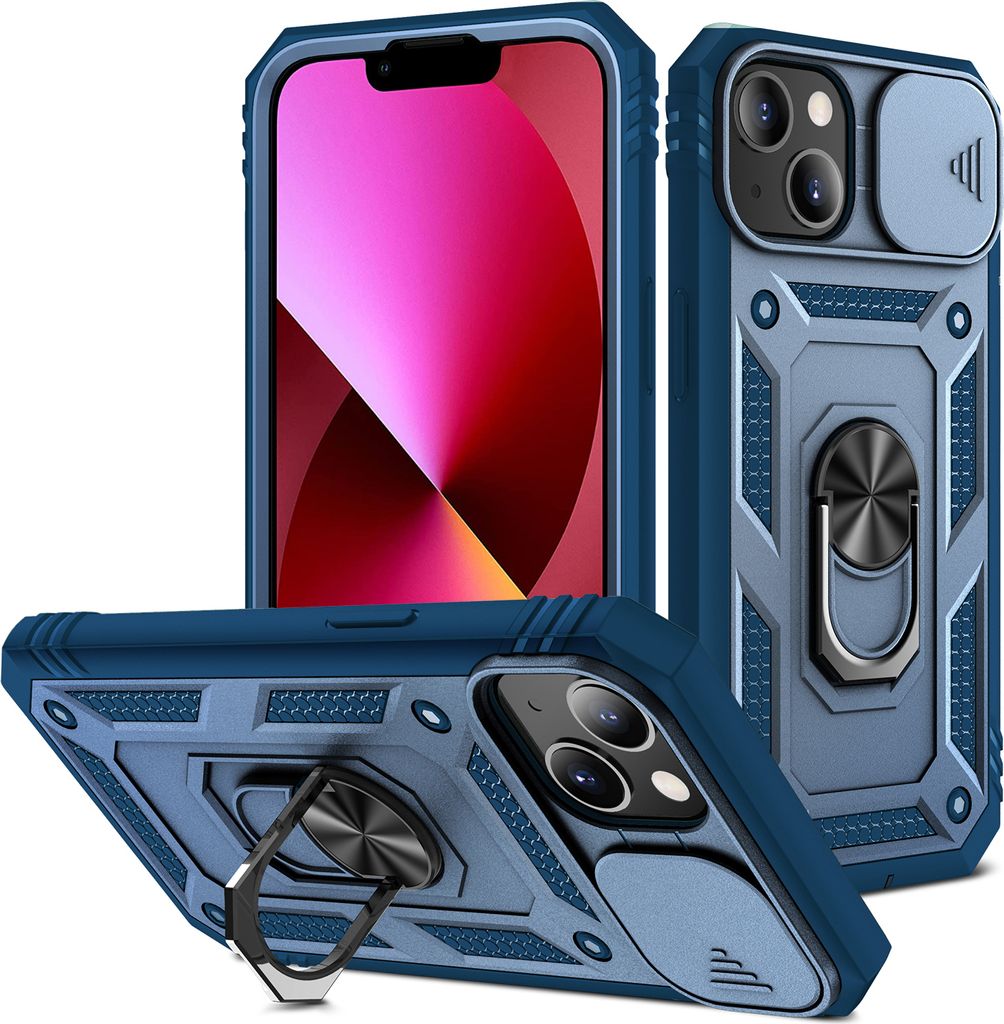 iPhone 13 Hülle, Schiebe Kamera Schutz Robust Rüstung Stoßfest Schutzhülle mit Ringhalterung Ständer Kartenhalter für iPhone 13 Blau