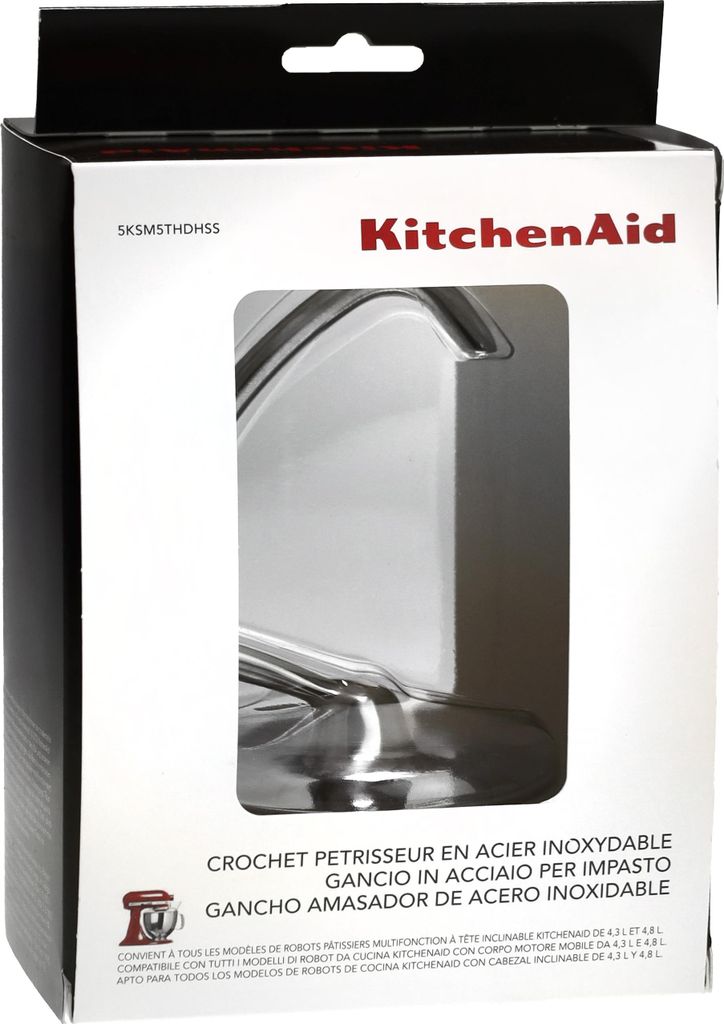 The image shows the retail packaging of a KitchenAid dough hook.