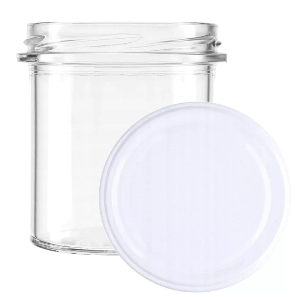 A clear glass jar with a white lid, presented on a white background.
