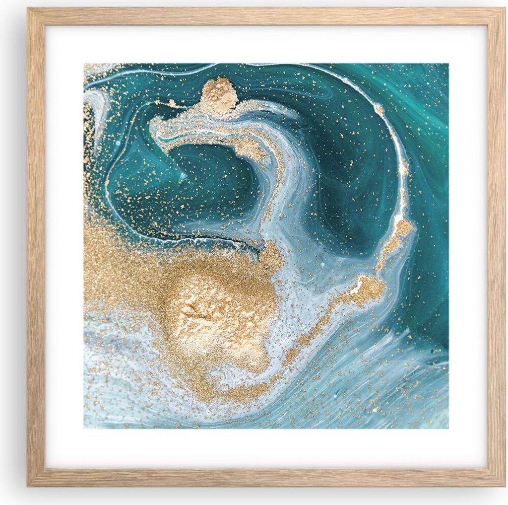 Gerahmtes Poster - Rahmen in heller Eiche - Golden Türkis Hintergrund - 40x40 cm - Wand Bild - Wanddeko - Wandbilder - Kunstposter - Wandposter - ...