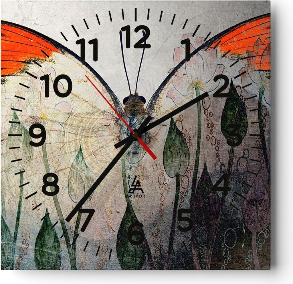 Wanduhr - Quadrat - Glasuhr - Schmetterling Abstraktion - 30x30cm - Schleichendes Uhrwerk - Lautlos - zum Aufhängen bereit - Dekoration Modern - W...