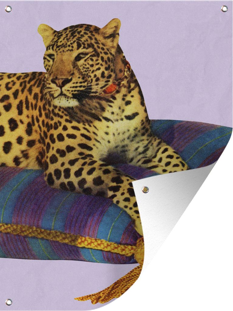 MuchoWow 60x80 cm Outdoor-Poster Gartendeko Sichtschutz Garten Poster für den Garten Eine Illustration eines Leoparden auf einem Kopfkissen
